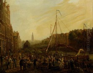 Amsterdam Market Scene With The Westertower On The Background by Willem Frederik Veldhuyzen