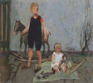 Kinder Mit Schaukelpferd by Anton Velim