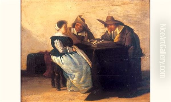 Trois Personnages Attables Dans Un Interieur - view 1
