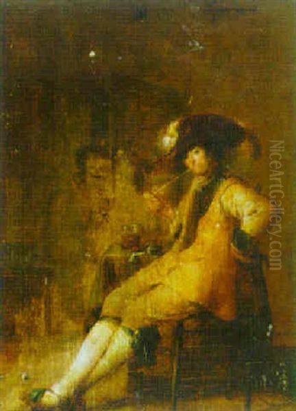 A Man Smoking A Pipe In An Interior With A Girl Beyond - view 1
