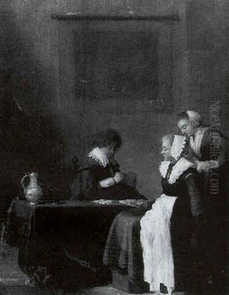 Figures Playing Cards In An Interior - view 1