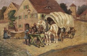 Fuhrwerk Am Dorfbrunnen