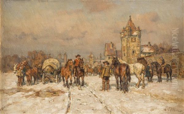 Pferde-enteignung Im Winter Vor Einer Stadtmauer - view 1