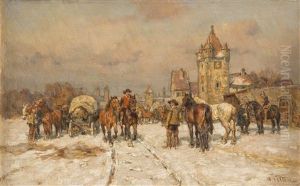 Pferde-enteignung Im Winter Vor Einer Stadtmauer