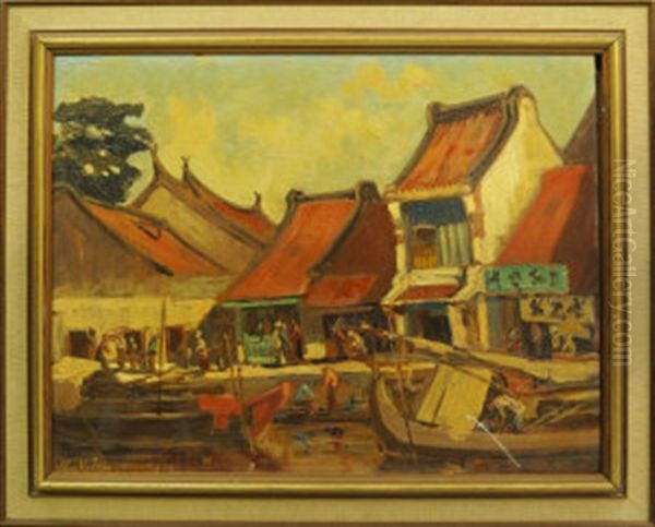 Village Scene With Figures And Moored Fishing Boats, Indonesian Scene - view 1