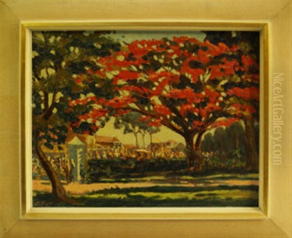 Crowd Of Figures By A Temple With A Flowering Tree, Indonesian Scene - view 1