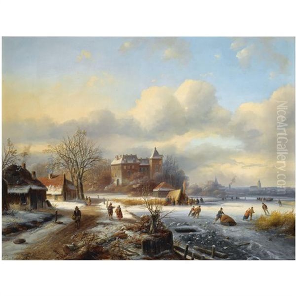 A Winter Landscape With Skaters On The Ice, A Town In The Distance - view 1