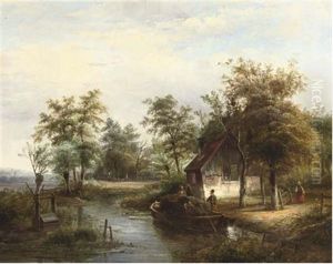 Activities Near A Stream On A Summers Day by Johanes Petrus van Velzen