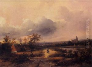 A Riverlandscape With Travellers On A Path by Johanes Petrus van Velzen