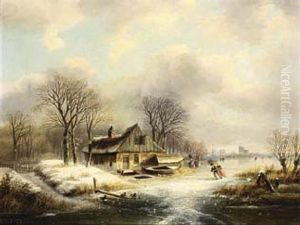 A Winter Landscape With Figures On A Frozen River by Johanes Petrus van Velzen