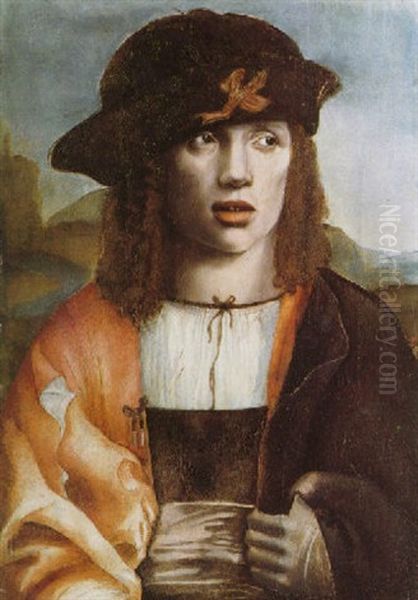 Portrait Of A Young Man Wearing A Red And Black Cloak, A White Chemise, A Mauve Sash And A Black Cap With Red Ribbon - view 1
