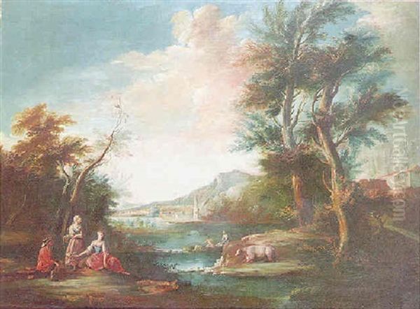 A Pastoral Landscape With Figures Resting In The Foreground, Figures Bathing In A River And A Mountain Beyond - view 1