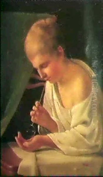 A Boy Blowing Soap Bubbles - view 1