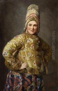 Portrait Of A Young Woman In Traditional Dress Unframed by Karl Bogdanovich Venig
