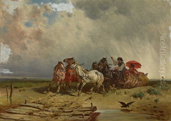 Funfspanniges Fuhrwerk In Rasanter Fahrt Vor Aufkommendem Gewitter - view 1