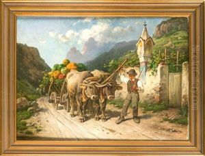 Bauer Mit Ochsengespann In Sommerlicher Alpenlandschaft