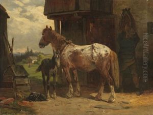 Stute Mit Fohlen Im Hof by Adolph van der Venne