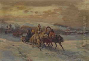 Troika In Russischer Winterlandschaft by Fritz Ritter von Venne