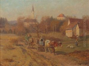 Ochsenkarren Mit Bauerin by Fritz Ritter von Venne
