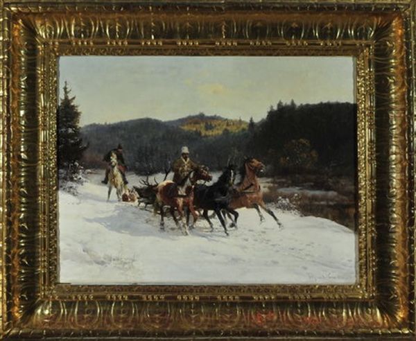 Troika In Russischer Winterlandschaft Mit Jagern, Hundemeute Und Erlegtem Hirsch Im Schlitten - view 1