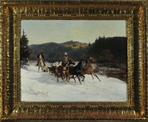 Troika In Russischer Winterlandschaft Mit Jagern, Hundemeute Und Erlegtem Hirsch Im Schlitten Troika In Russischer Winterlandschaft Mit Jagern, Hundemeute Und Erlegtem Hirsch Im Schlitten