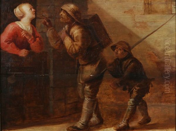 Een Schoorsteenveger En Zijn Knecht Worden Begroet Door Een Vrouw In Een Deuropening - view 1