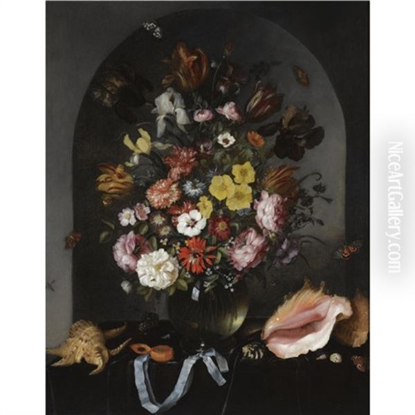 Still Life Of Roses, Tulips, Irises And Other Flowers In A Glass Vase, With Butterflies, Sea Shells And A Pocket Watch, All Arranged In A Stone Niche - view 1