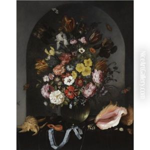 Still Life Of Roses, Tulips, Irises And Other Flowers In A Glass Vase, With Butterflies, Sea Shells And A Pocket Watch, All Arranged In A Stone Niche
