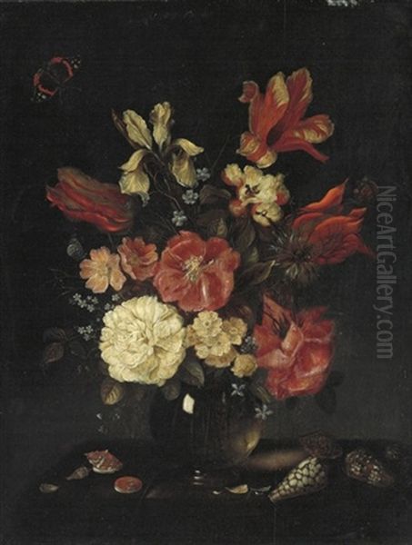 Roses, Tulips, An Iris, Forget-me-nots And Other Flowers In A Vase, With Shells On A Table And A Red Admiral - view 1