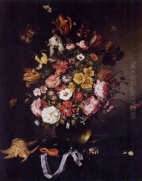 Still Life Of Flowers In A Glass Vase With Butterflies, Seashells And A Pocket Watch - view 1