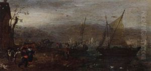 A River Landscape With Shipping With Figures On A Shore Near An Inn by Pieter Adriaens van de Venne