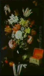 A Still Life Of A Vase Of Flowers With A Silver Jewel Box Beside by Pieter Adriaens van de Venne