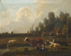 Cattle Watering In A Pastoral Landscape by Rosa Venneman
