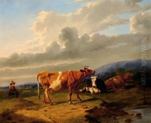 Shepherd With His Cows On The Waterside In A Mountainous Landscape by Rosa Venneman