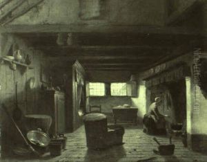Bauernstube Mit Einer Frau An Der Feuerstelle by Camille Vennemann