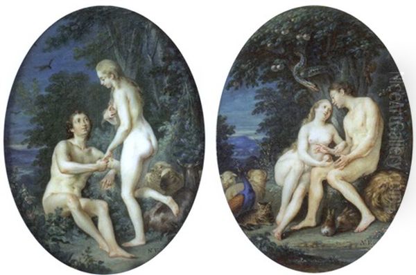 Adam And Eve In The Garden Of Eden, With Adam Holding Eve's Hand (+ Eve Giving Adam The Apple With A Serpent In The Apple Tree; Pair) - view 1