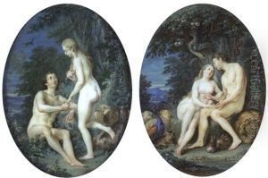 Adam And Eve In The Garden Of Eden, With Adam Holding Eve's Hand (+ Eve Giving Adam The Apple With A Serpent In The Apple Tree; Pair) by Nicolas Vennevault