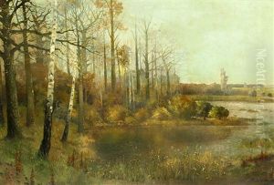 Landschaft Mit Birkenbestandenem Weiher Und Zwei Jagern Bei Sonnenaufgang