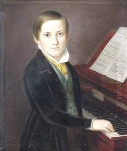 Portrat Des Sohnes Der Familie P. Heinen In Dunklem Frack, Auf Einem Klavier Spielend
