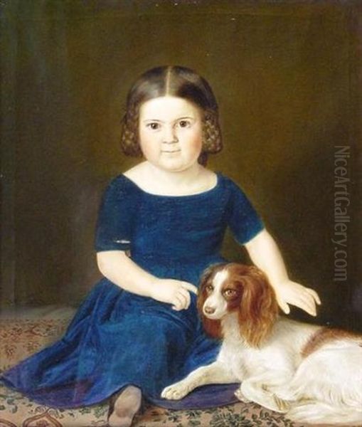 Portrat Der Jungsten Tochter Der Familie P. Heinen In Einem Blauen Kleid, Ein Schoshundchen Streichelnd - view 1