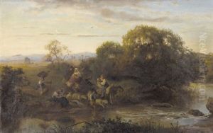 Reisegesellschaft Mit Schafen Bei Einer Furt by Albert Venus