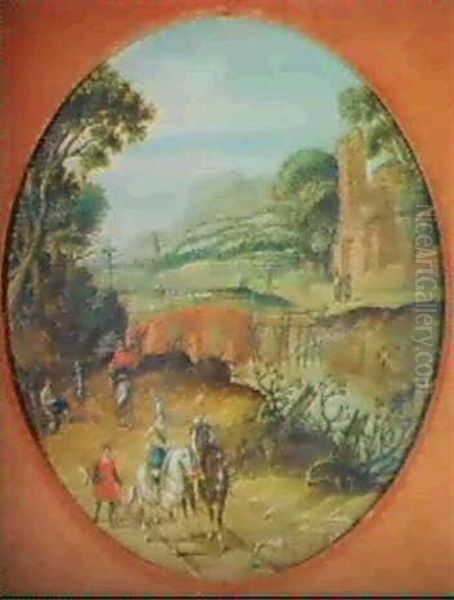 Paysage De Riviere Avec Des Cavaliers Sur Une Route - view 1
