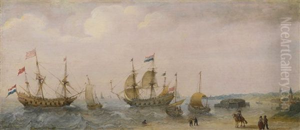 Coastal Scene With War Ships And Fishing Vessels, With Figures On The Shore - view 1