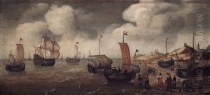 Dutch Merchants And Ship By The Coast by Cornelis Verbeeck