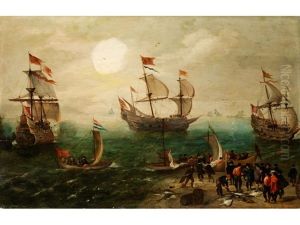 Marinestuck Mit Drei Grossen Segelschiffen by Cornelis Verbeeck