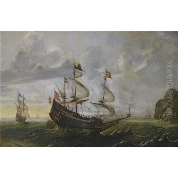 A Man-of-war And Other Shipping In Choppy Seas Along A Rocky Coast - view 1