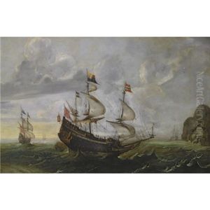 A Man-of-war And Other Shipping In Choppy Seas Along A Rocky Coast by Cornelis Verbeeck