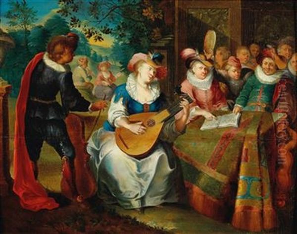 An Elegant Dinner; And A Music Making Company On A Terrace - view 1