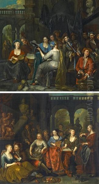 Zwei Gemalde. Musizierende Gesellschaft Im Hof Eines Renaissancepalastes - view 1