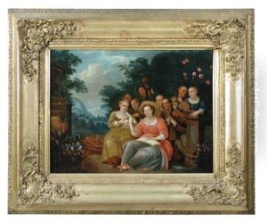 A Company Making Music On A Terrace by Francois Xavier Henri Verbeeck